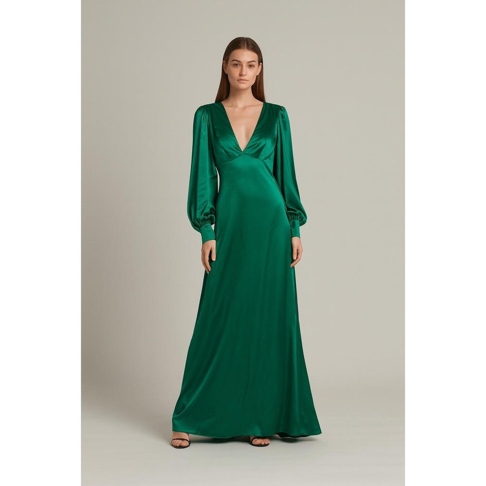 Ieena by‎ Mac Duggal Formal Maxi Dress Sz 0 Green Satin Prom Wedding Luxury Glam